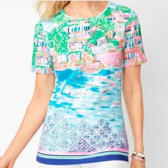 TALBOTS Scenic Mediterranean Tee Short Sleeve Crewneck Blue Pink - Picture 1 of 16
